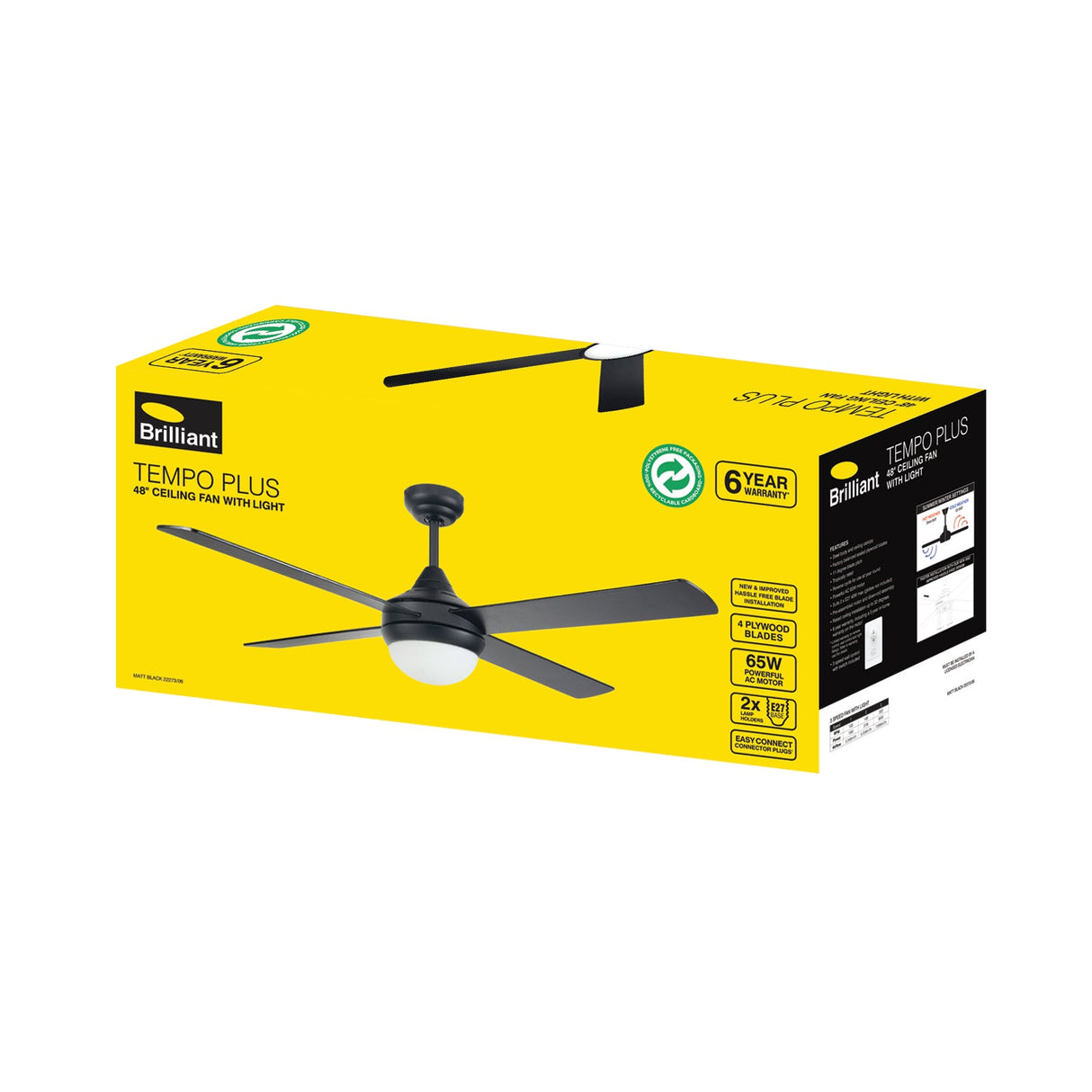 Yellow packaging box of a ceiling fan with 'Brilliant' branding on a white background