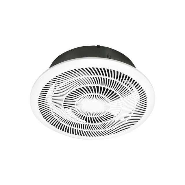Ceiling fan with black and white design on a white background