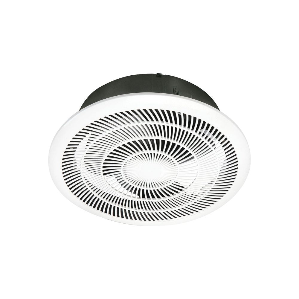 Ceiling fan with black and white design on a white background
