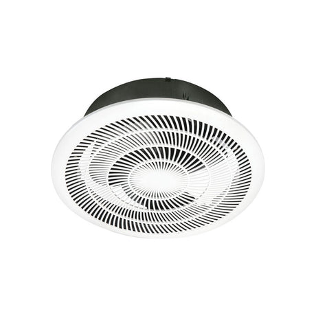 Ceiling fan with black and white design on a white background
