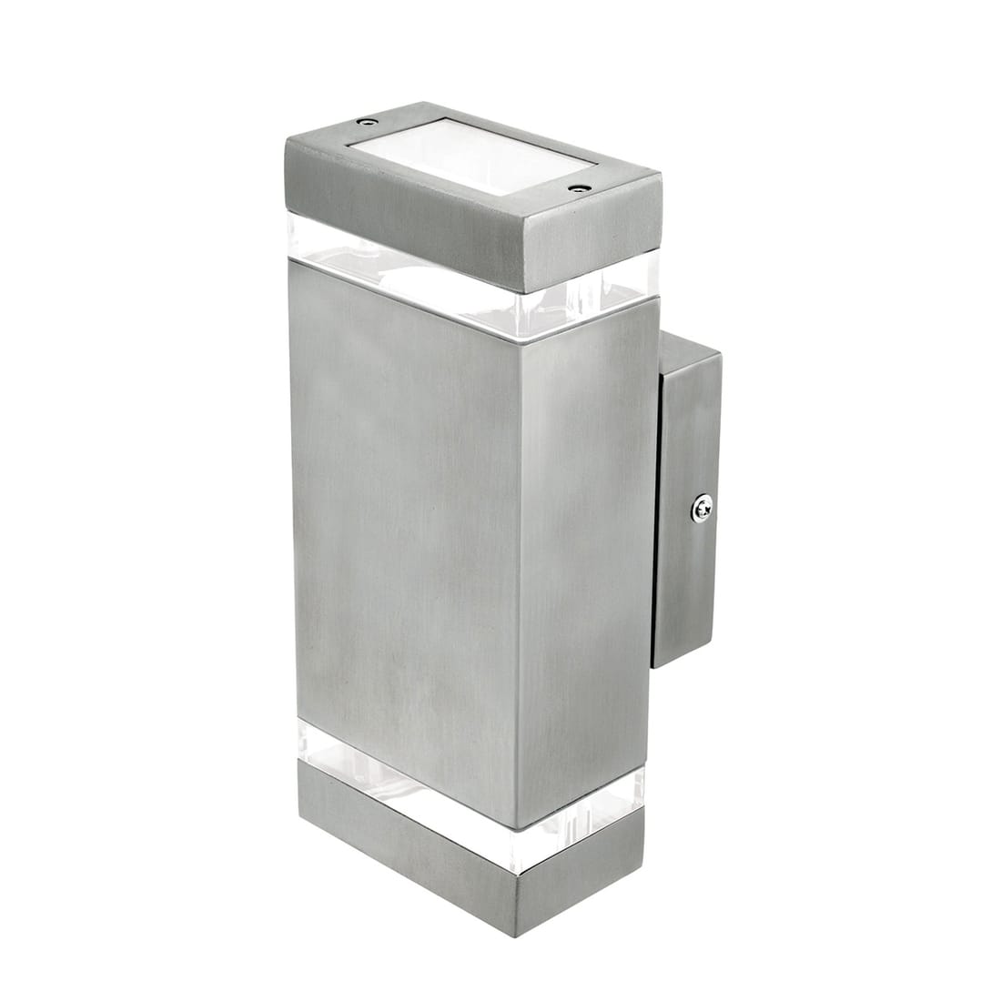 Stainless steel outdoor wall light fixture on a white background