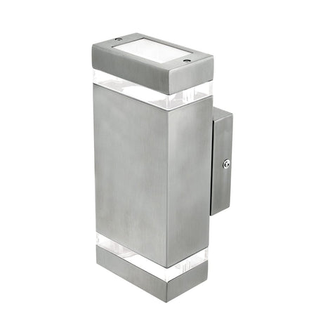 Stainless steel outdoor wall light fixture on a white background