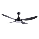Black ceiling fan with light on a white background