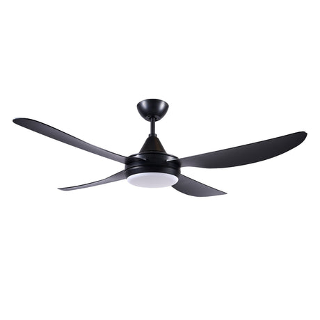 Black ceiling fan with light on a white background