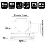 Technical specifications and dimensions of a ceiling light fixture on a white background