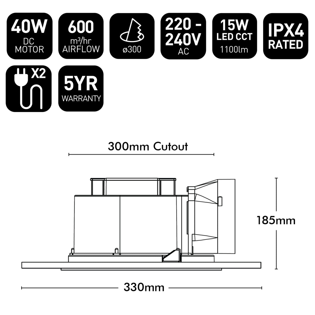 Brilliant White Blizzard Square 330mm DC Exhaust Fan with LED Light