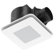 Ceiling-mounted exhaust fan with black ducting on a white background