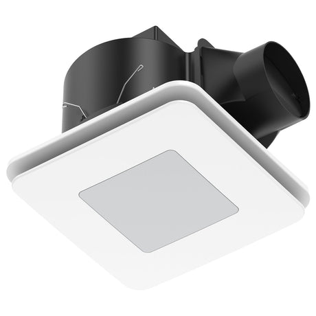 Ceiling-mounted exhaust fan with black ducting on a white background