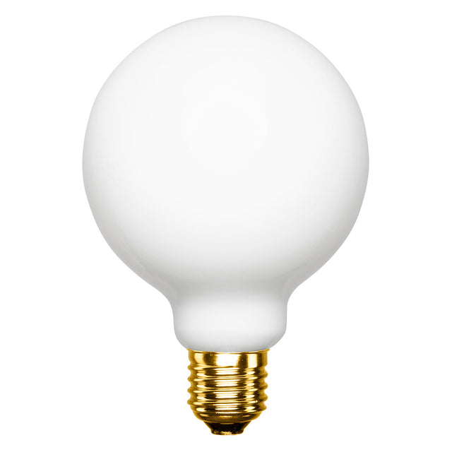 White light bulb with gold base on a white background