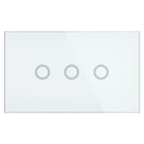 Rectangular glass panel with three circular cutouts on a white background