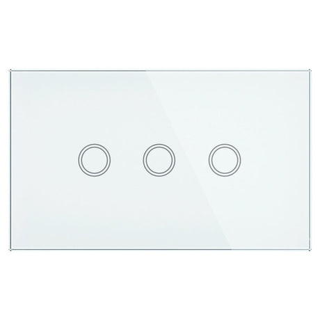 Rectangular glass panel with three circular cutouts on a white background