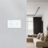 Light switch panel on a wall with a blurred living room in the background