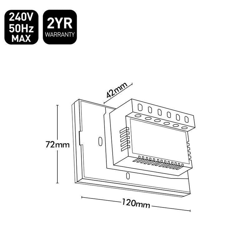 Technical drawing of a wall-mounted electrical component with dimensions and voltage information.