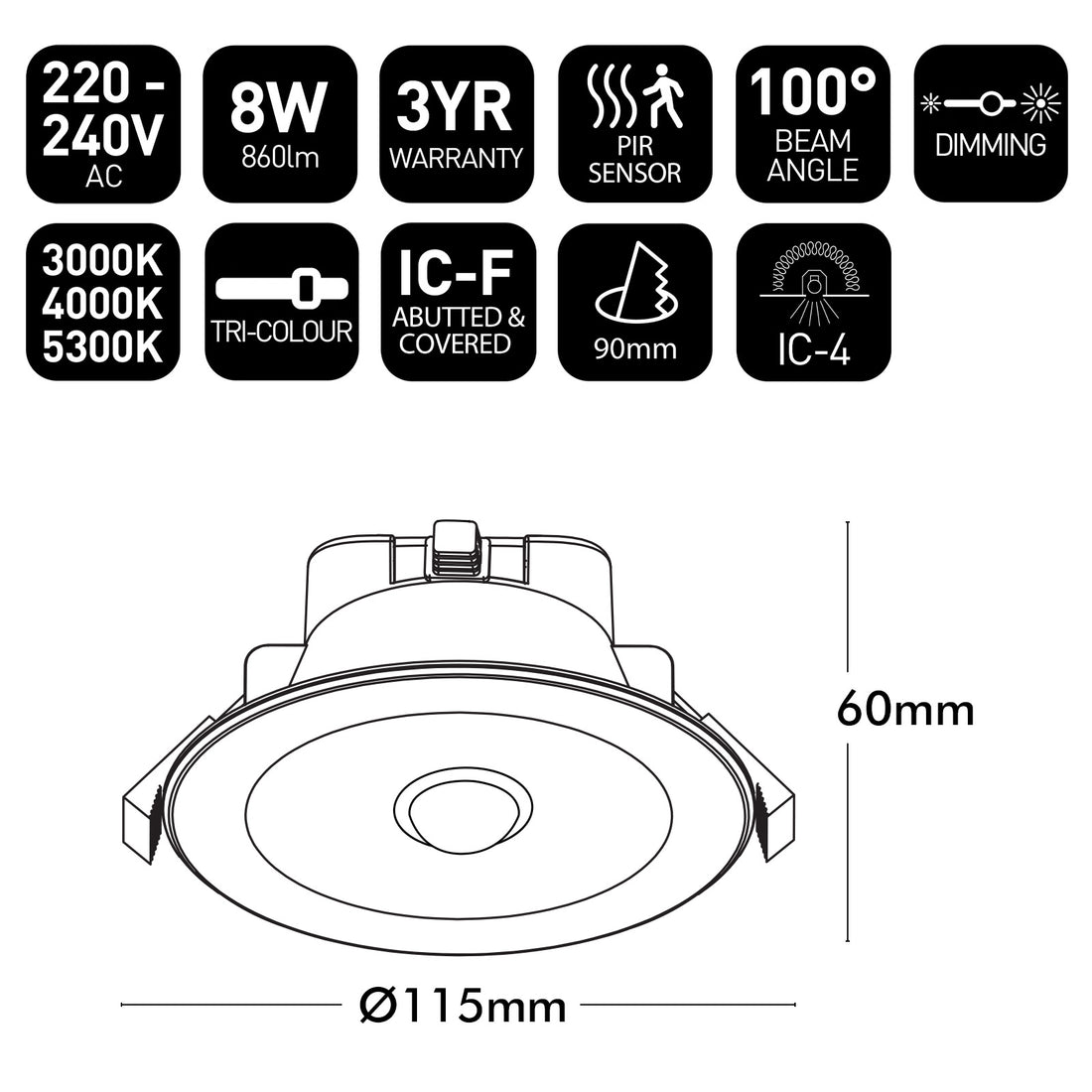 Technical specifications and dimensions of a LED downlight on a white background