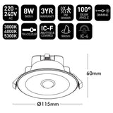 Technical specifications and dimensions of a LED downlight on a white background
