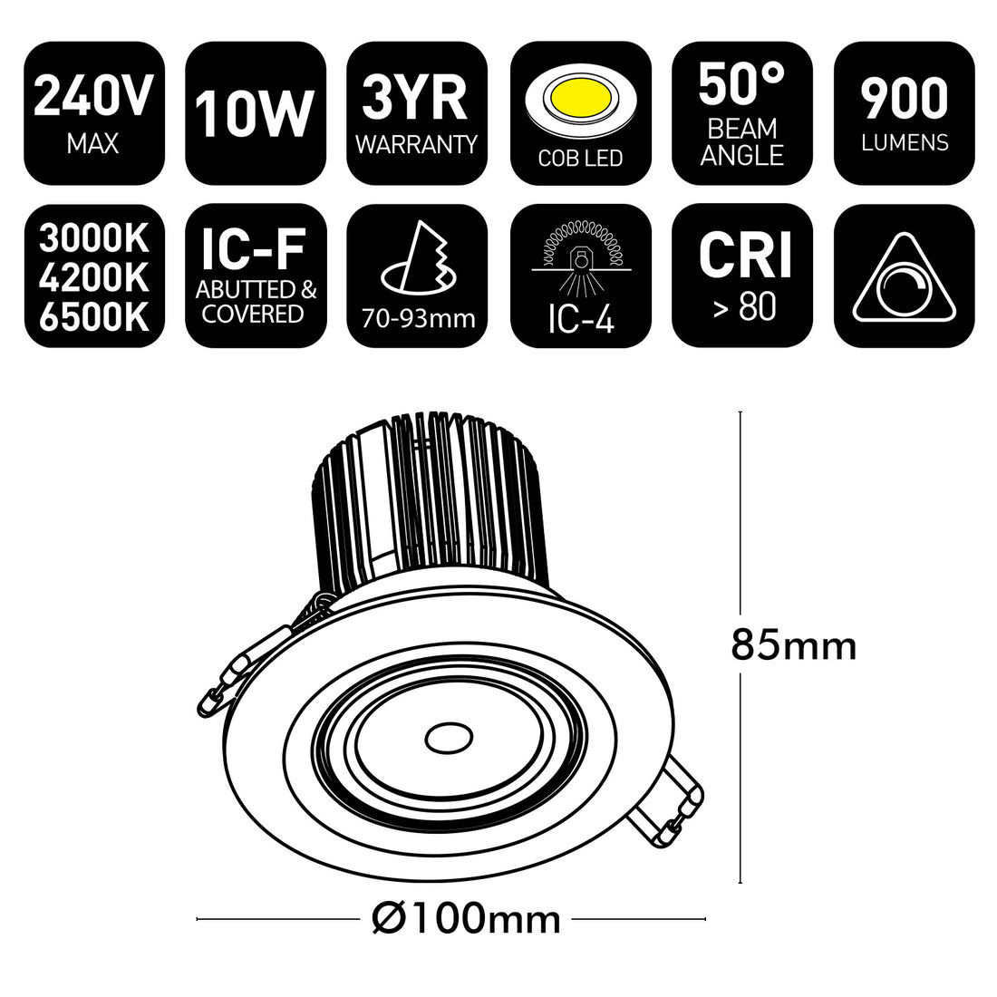 Technical specifications and dimensions of a LED downlight on a white background