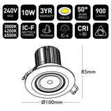 Technical specifications and dimensions of a LED downlight on a white background