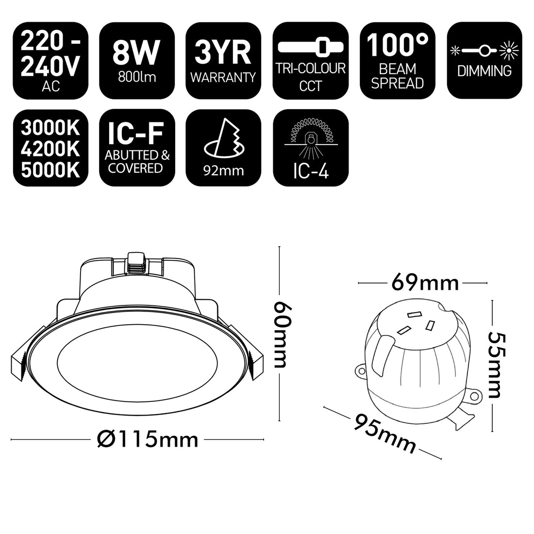 Technical specifications and dimensions of a LED downlight on a white background