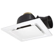 Ceiling-mounted exhaust fan with white housing and black ducts on a white background