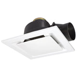 Ceiling-mounted exhaust fan with white housing and black ducts on a white background