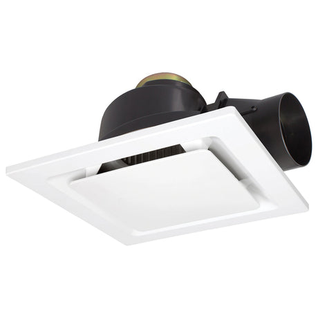 Ceiling-mounted exhaust fan with white housing and black ducts on a white background