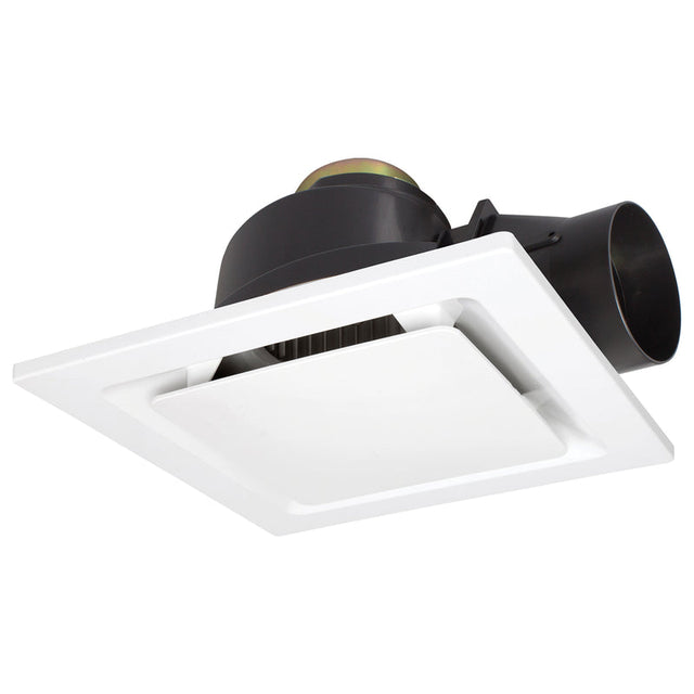 Ceiling-mounted exhaust fan with white housing and black ducts on a white background
