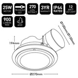 Technical specifications and dimensions of a LED light fixture on a white background