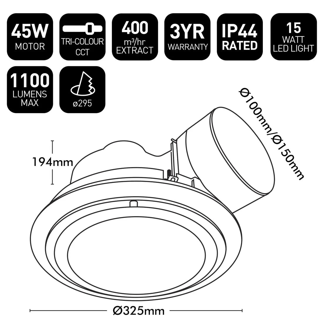 Brilliant White Talon 325mm LED CCT Exhaust Fan