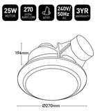 Technical diagram of a ceiling light fixture with specifications on a white background