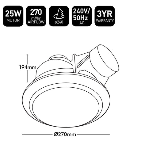 Technical diagram of a ceiling light fixture with specifications on a white background