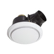 Ceiling-mounted exhaust fan with white housing and black duct on a white background