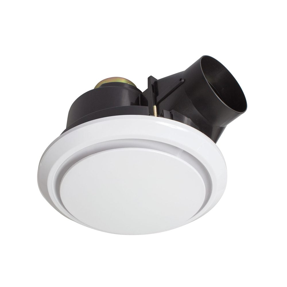 Ceiling-mounted exhaust fan with white housing and black duct on a white background