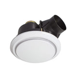 Ceiling-mounted exhaust fan with white housing and black duct on a white background