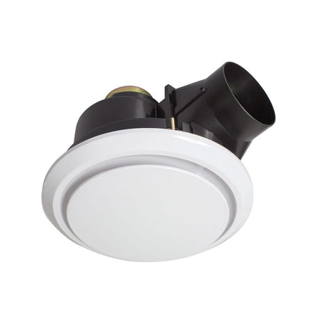 Ceiling-mounted exhaust fan with white housing and black duct on a white background