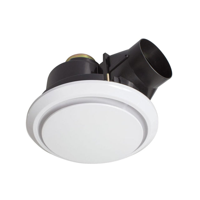 Ceiling-mounted exhaust fan with white housing and black duct on a white background