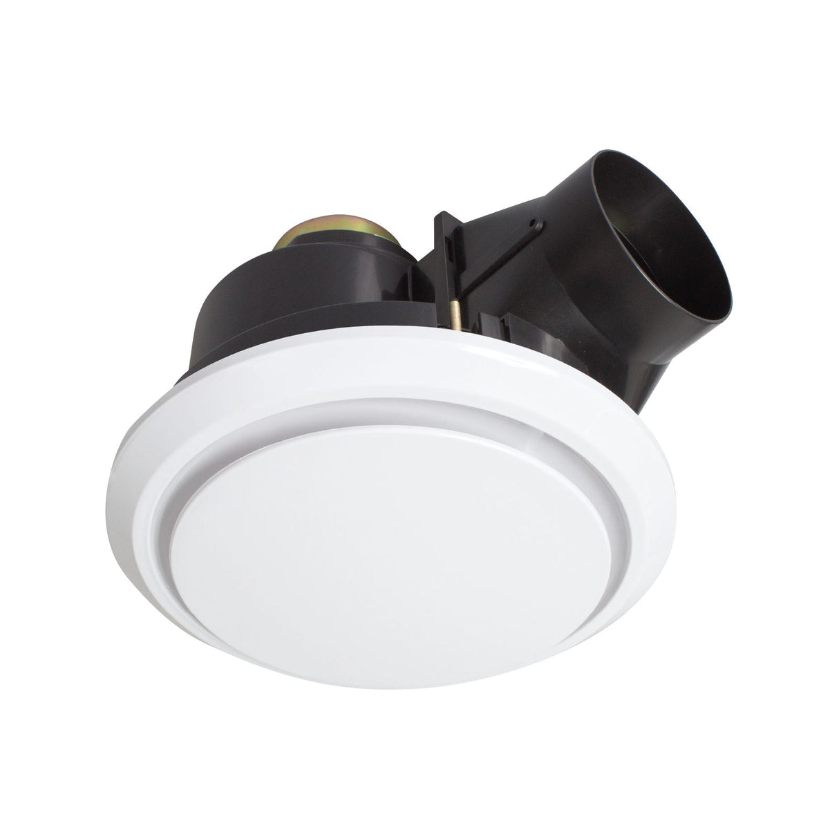 Ceiling-mounted exhaust fan with white rim and black duct on a white background