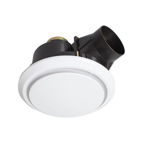 Ceiling-mounted exhaust fan with white rim and black duct on a white background