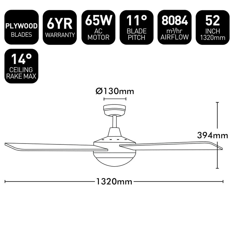 Brilliant White Tempo Plus 52'' AC Ceiling Fan with Light and Remote