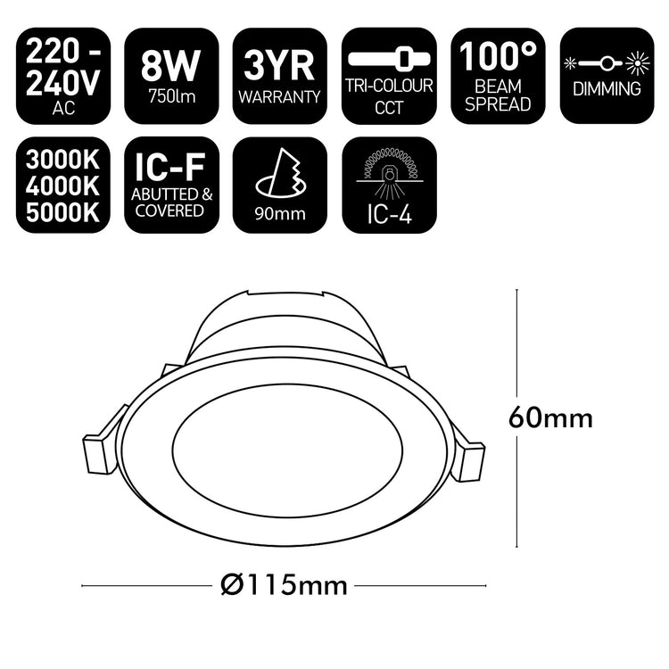 Technical specifications and dimensions of a LED downlight on a white background