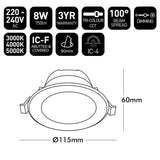 Technical specifications and dimensions of a LED downlight on a white background
