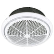 Ceiling-mounted exhaust fan with white grille and black housing on a white background