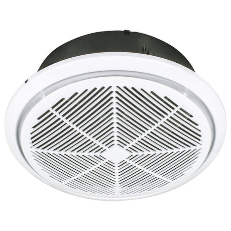 Ceiling-mounted exhaust fan with white grille and black housing on a white background