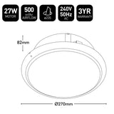 Technical specifications and dimensions of a ceiling light fixture on a white background