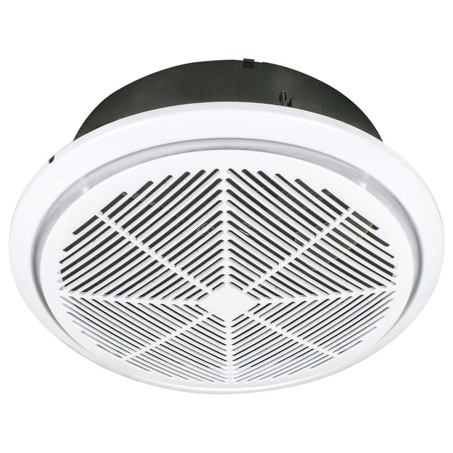 Ceiling-mounted exhaust fan with white grille and black housing on a white background