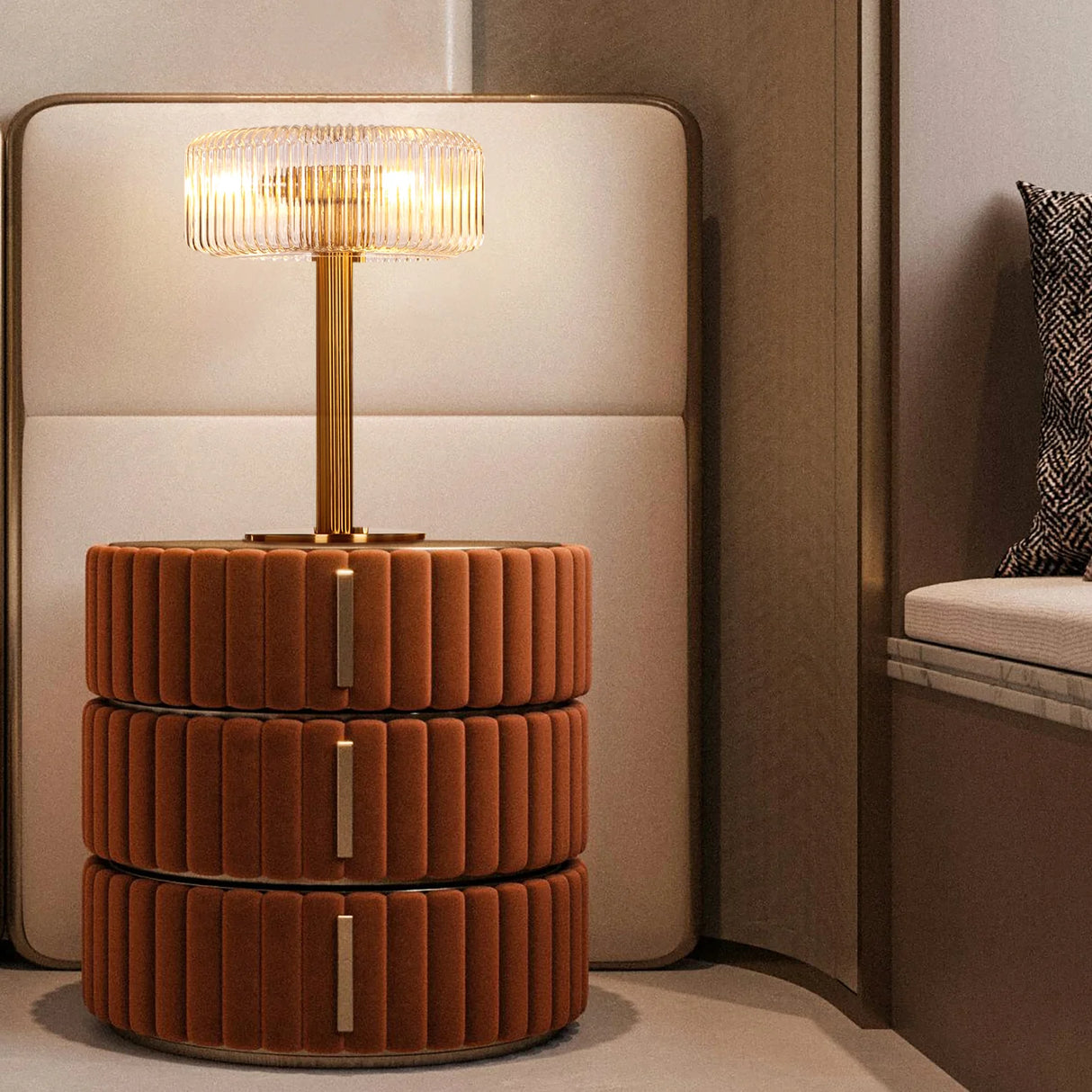 Telbix Brizo lamp displayed on a side table, illustrating its Art Deco industrial style in a living space.