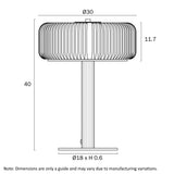 Technical diagram of the Telbix Brizo table lamp displaying its dimensions and design proportions.