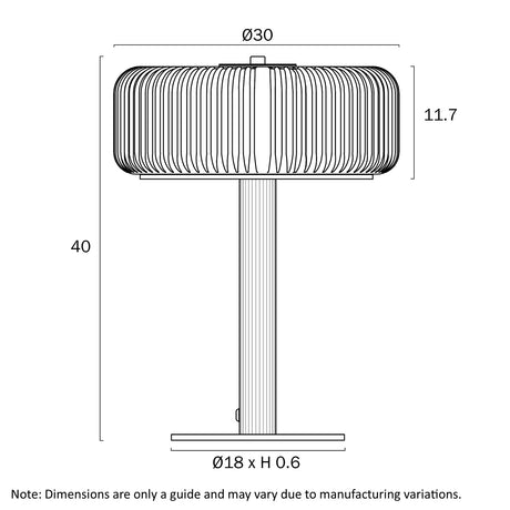 Technical diagram of the Telbix Brizo table lamp displaying its dimensions and design proportions.