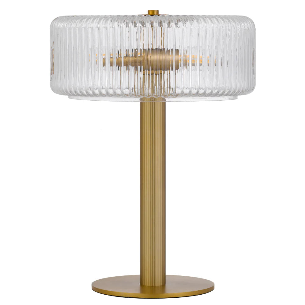 Close-up of the ribbed glass shade on the Brizo lamp showing texture and design detail.