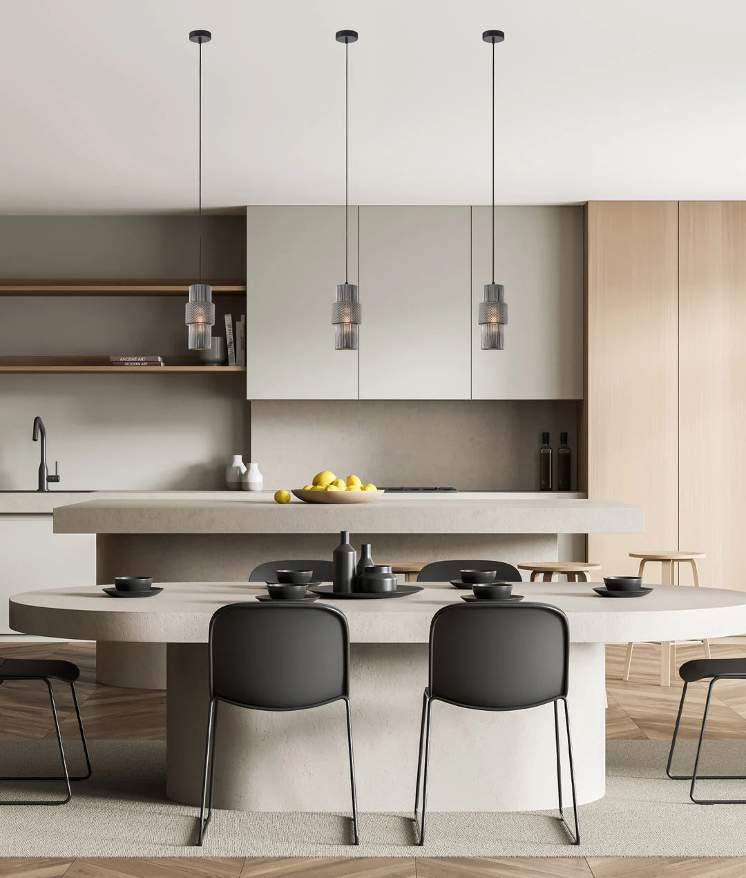 CLA Hueca Interior Double Cylinder Ribbed with Segment Pendant Lights