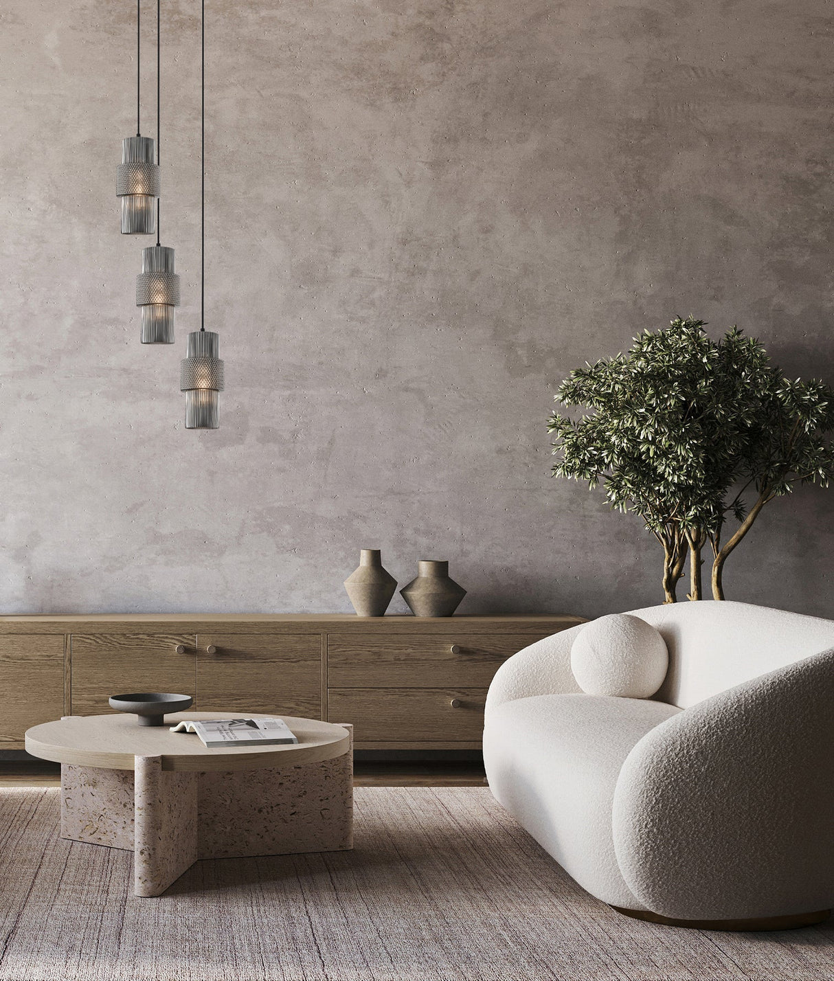 CLA Hueca Interior Double Cylinder Ribbed with Segment Pendant Lights